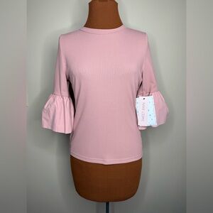 NWT Sweet Rain Ribbed Pink Bubble Sleeve Top Size Small